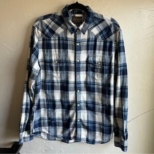 Lucky Brand Blue Plaid Flannel Shirt Pearl Snap Americana Western Indie Sz L